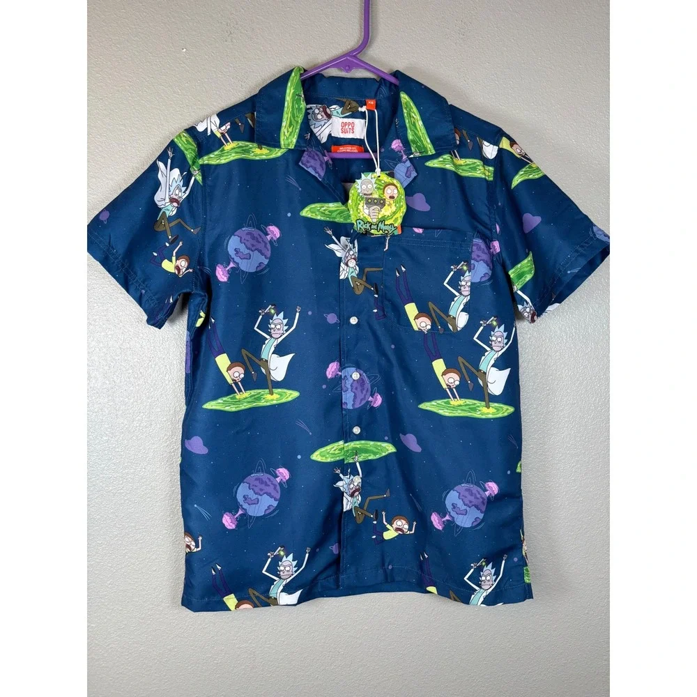 OppoSuits Rick and‎ Morty Mens XS Short Sleeve Button Up Shirt Blue Portal New